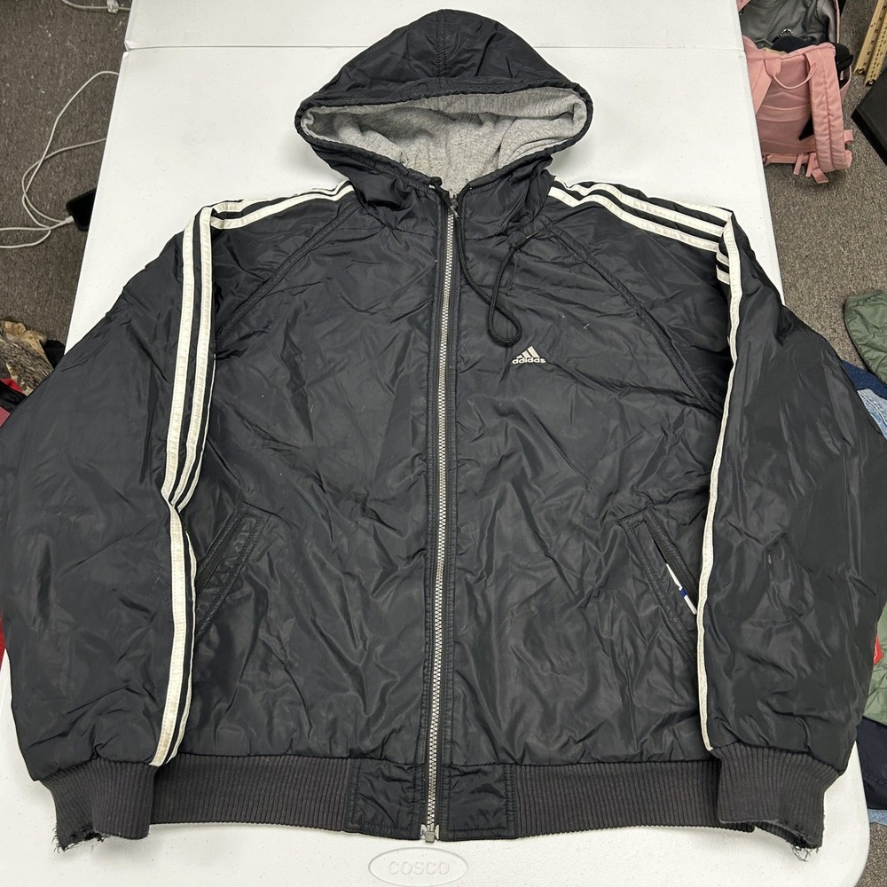 Adidas Reversible Hooded Jacket Mens Medium Black Grey 3-Stripe Full Zip F2